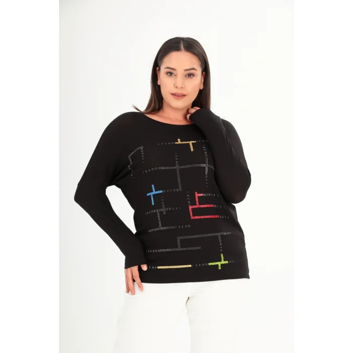 Önü Renkli Sim Taş Baskılı Bluz