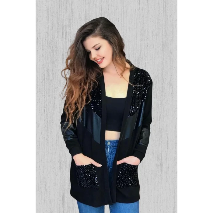 Pul Ve Suni Deri Detaylı Hırka