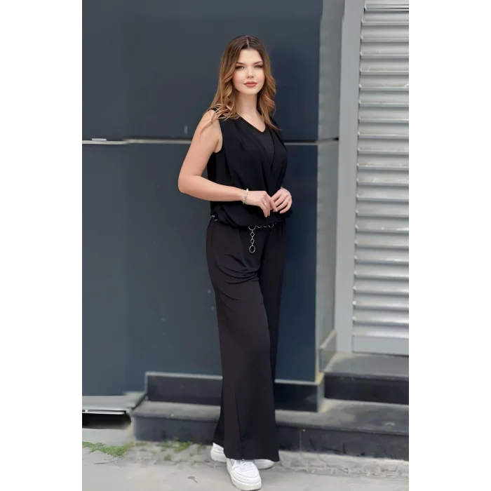 Şifon Garnili Zincir Kemerli Tulum