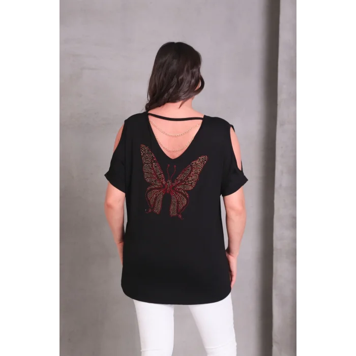Sırtı Kelebek Taş Baskılı Zincir Detaylı Bluz