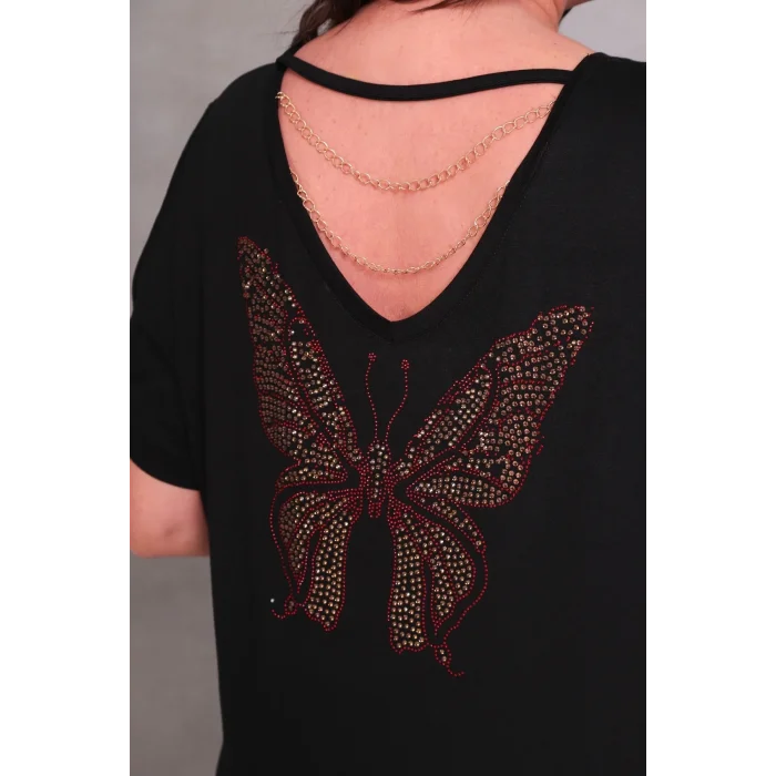 Sırtı Kelebek Taş Baskılı Zincir Detaylı Bluz