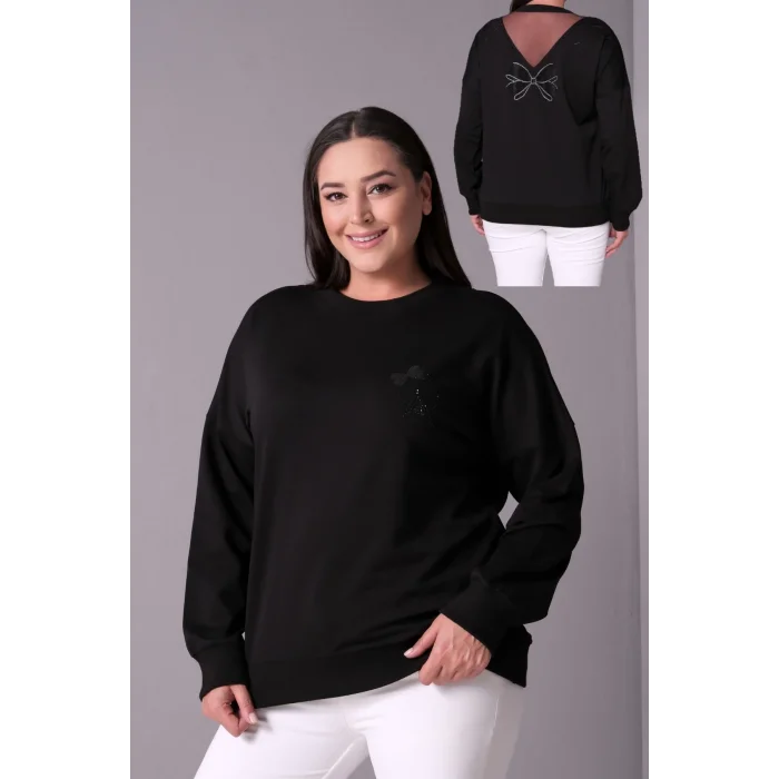 Sırtı Tül Kurdele Taş Baskılı Bluz