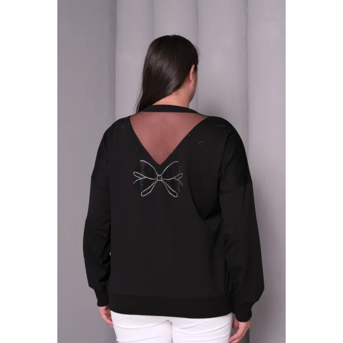 Sırtı Tül Kurdele Taş Baskılı Bluz