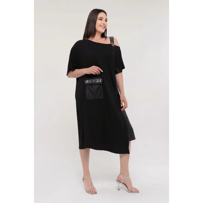 Tek Askılı Eteği Suni Deri Detaylı Elbise