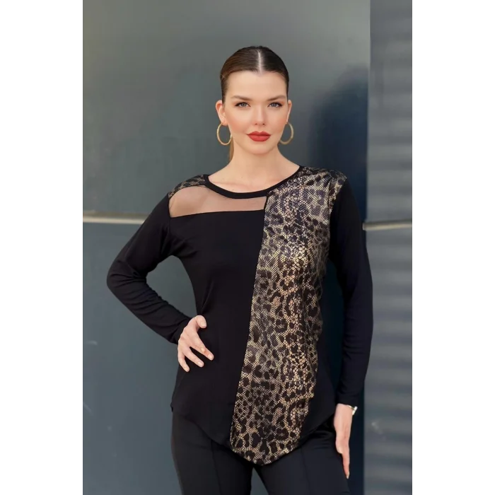 Tül ve Leopar Desenli Parçalı Bluz