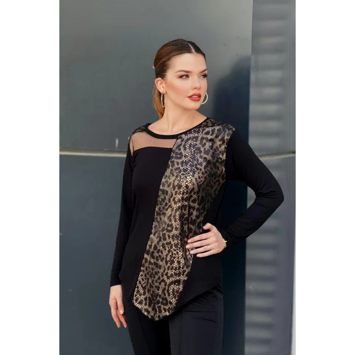 Tül ve Leopar Desenli Parçalı Bluz