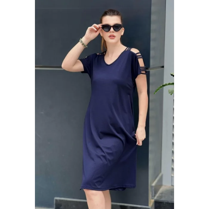 V Yaka Kolları Biyeli Elbise