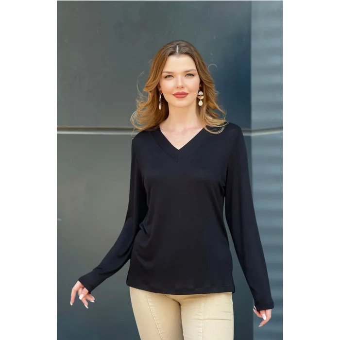 V Yaka Yanı Yırtmaçlı Bluz