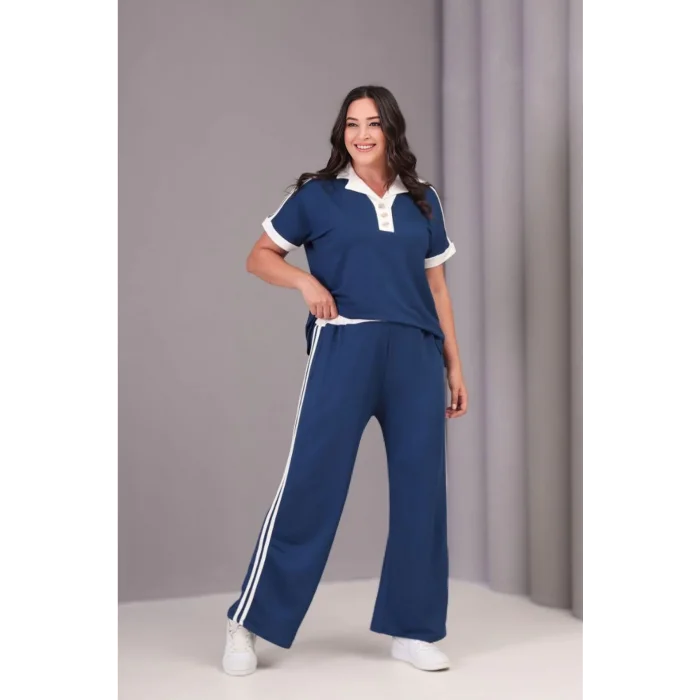 Yakası Düğmeli Çizgili Takım