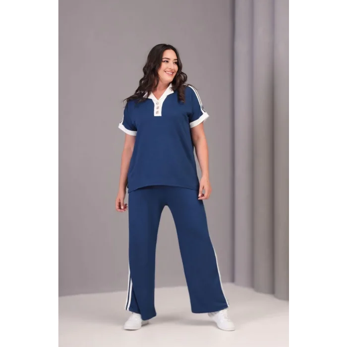 Yakası Düğmeli Çizgili Takım