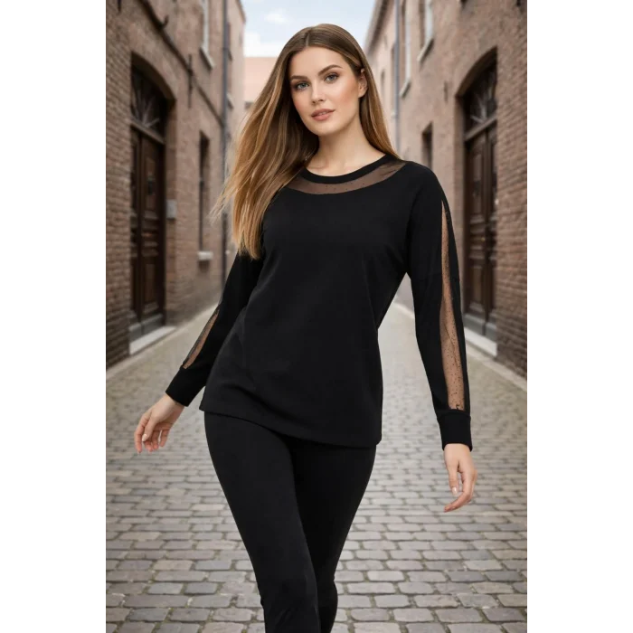 Yakası Kolları TaşlıTüllü Bluz