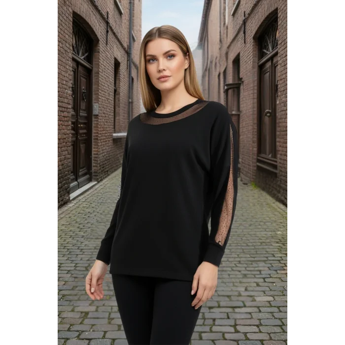 Yakası Kolları TaşlıTüllü Bluz