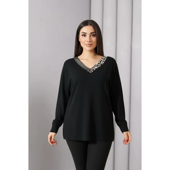 Yakası Leopar Taş Baskılı Bluz