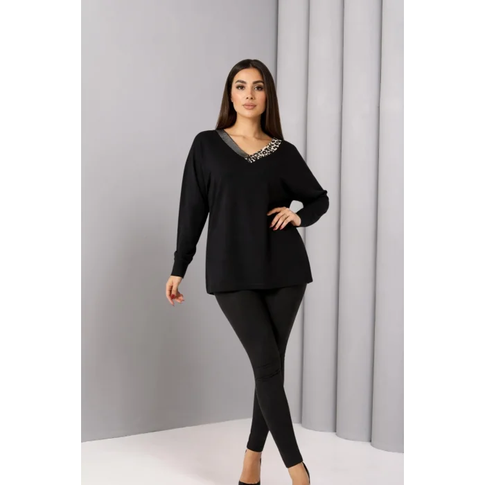 Yakası Leopar Taş Baskılı Bluz