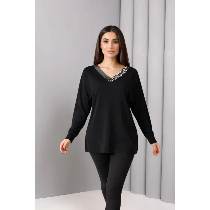 Yakası Leopar Taş Baskılı Bluz