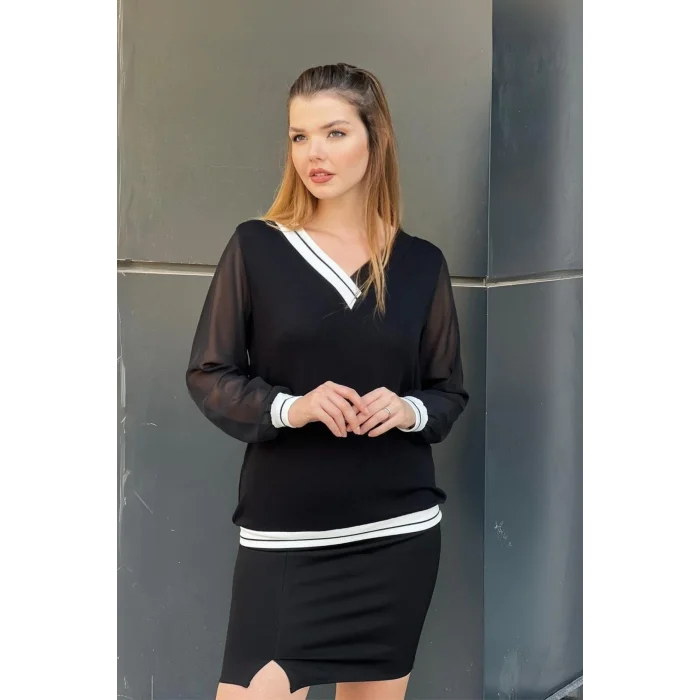 Yakası Örme Şerit Kolları Şifon Bluz