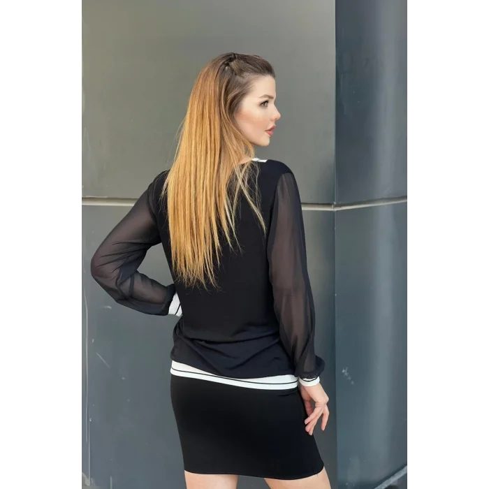 Yakası Örme Şerit Kolları Şifon Bluz