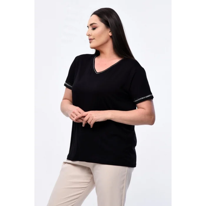 Yakası Taş Baskılı Kolları Şeritli Bluz