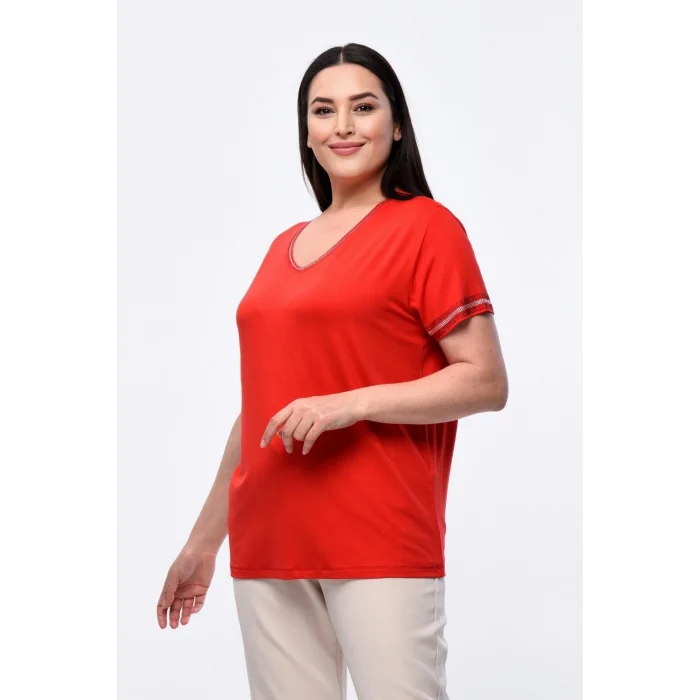 Yakası Taş Baskılı Kolları Şeritli Bluz