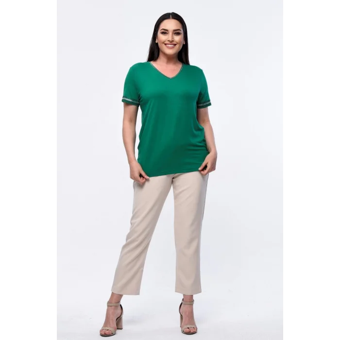 Yakası Taş Baskılı Kolları Şeritli Bluz