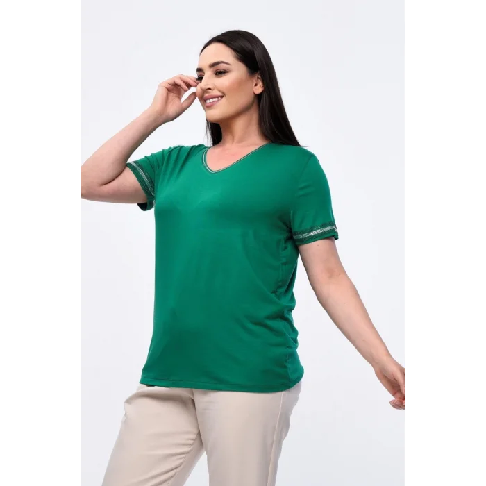 Yakası Taş Baskılı Kolları Şeritli Bluz