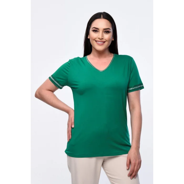 Yakası Taş Baskılı Kolları Şeritli Bluz