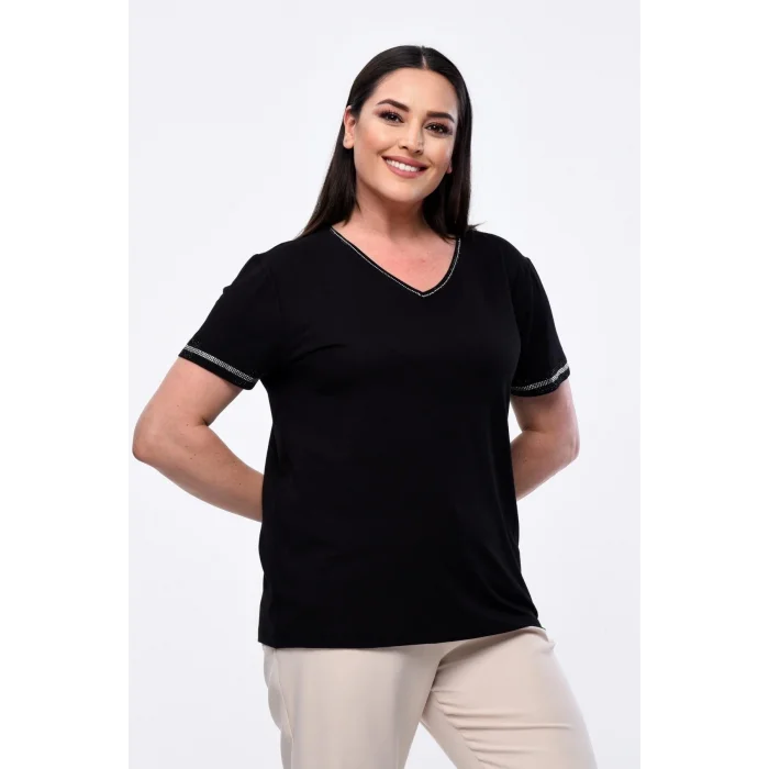 Yakası Taş Baskılı Kolları Şeritli Bluz