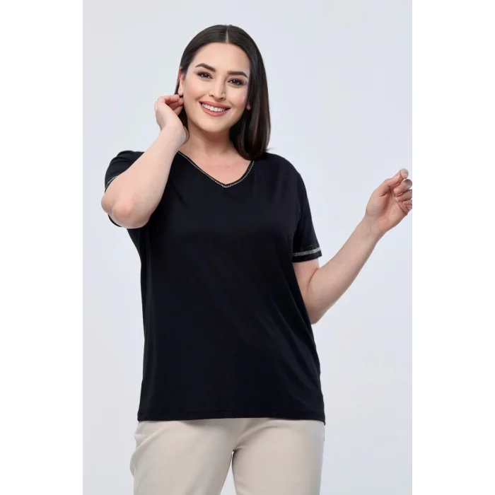 Yakası Taş Baskılı Kolları Şeritli Bluz