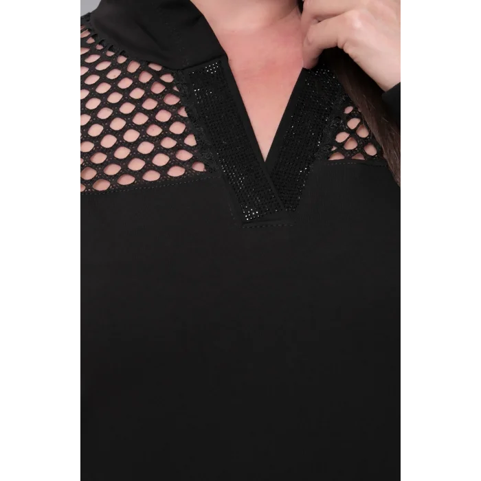 Yakası Taşlı File Detaylı Sweatshirt