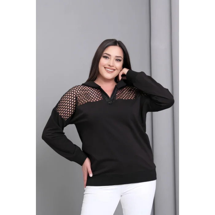 Yakası Taşlı File Detaylı Sweatshirt