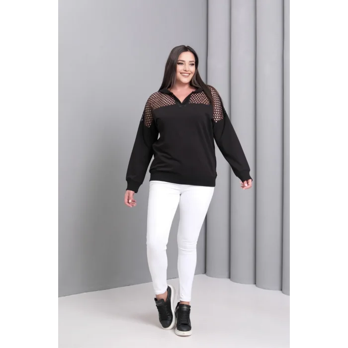 Yakası Taşlı File Detaylı Sweatshirt