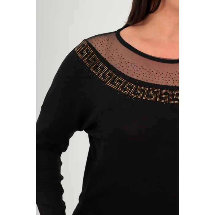 Yakası Tül Taş Baskılı Bluz