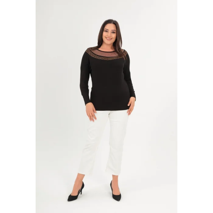 Yakası Tül Taş Baskılı Bluz