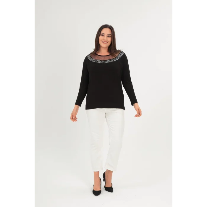 Yakası Tül Taş Baskılı Bluz