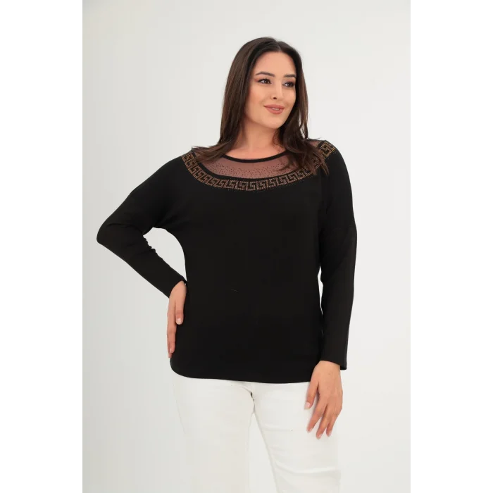 Yakası Tül Taş Baskılı Bluz