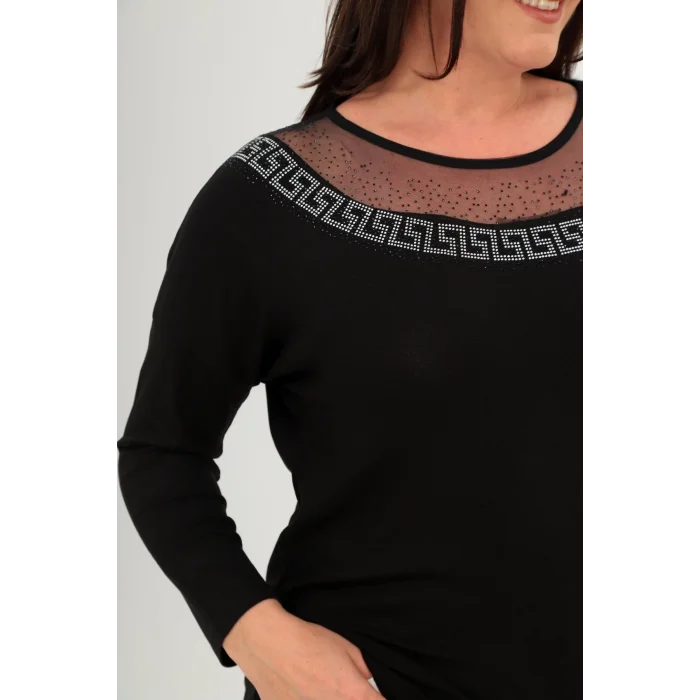 Yakası Tül Taş Baskılı Bluz