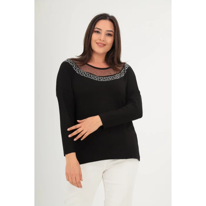 Yakası Tül Taş Baskılı Bluz