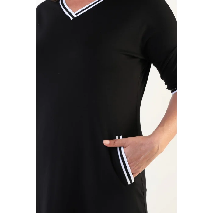 Yakası ve Cepleri Şeritli Elbise