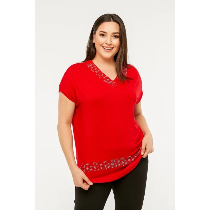 Yakası ve Eteği Taş Desen Baskılı Bluz