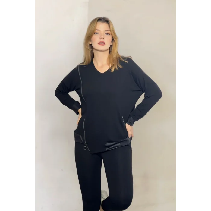 Yandan Fermuarlı Suni Deri Detaylı Bluz