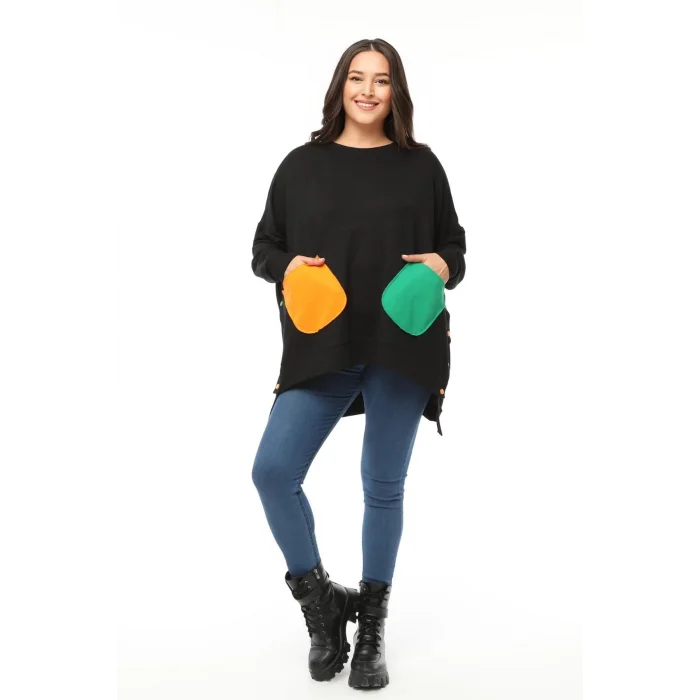 Yanları Düğmeli Renkli Cepli Salaş Sweatshirt