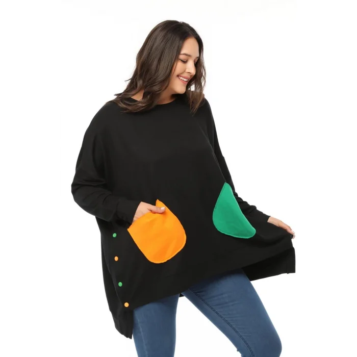 Yanları Düğmeli Renkli Cepli Salaş Sweatshirt