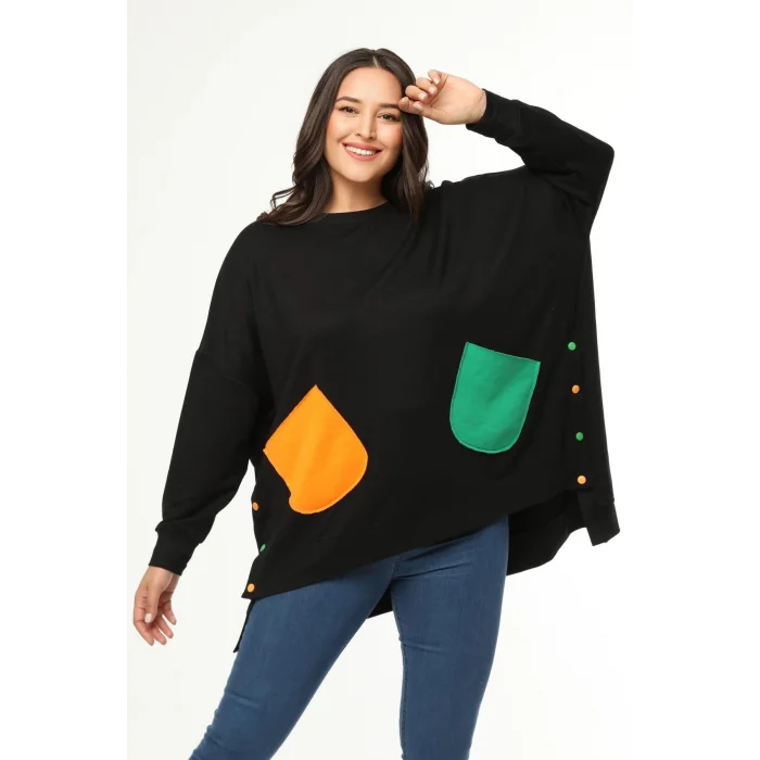 Yanları Düğmeli Renkli Cepli Salaş Sweatshirt