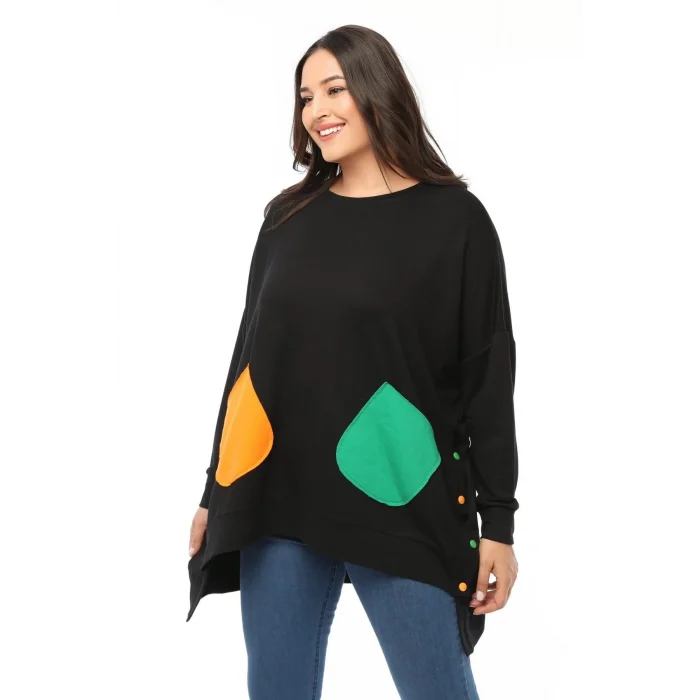 Yanları Düğmeli Renkli Cepli Salaş Sweatshirt