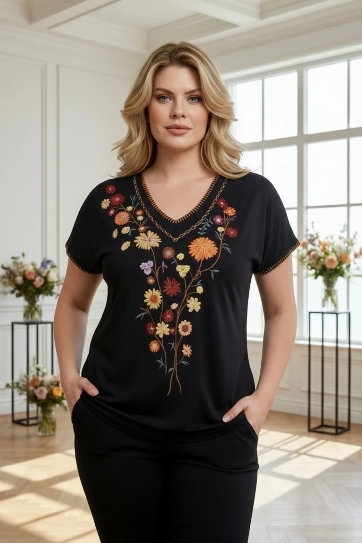 Yakası Dikişli Önü Çiçek Nakışlı Bluz