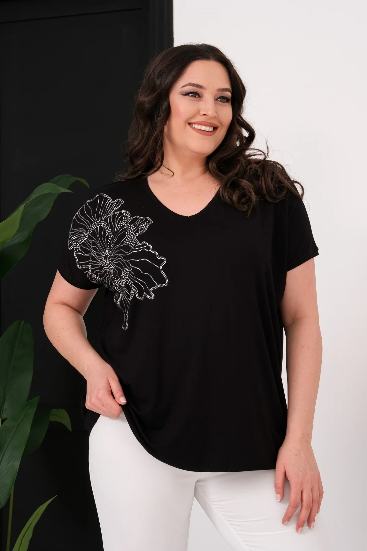 Omuz Çiçek Taş Baskılı Bluz