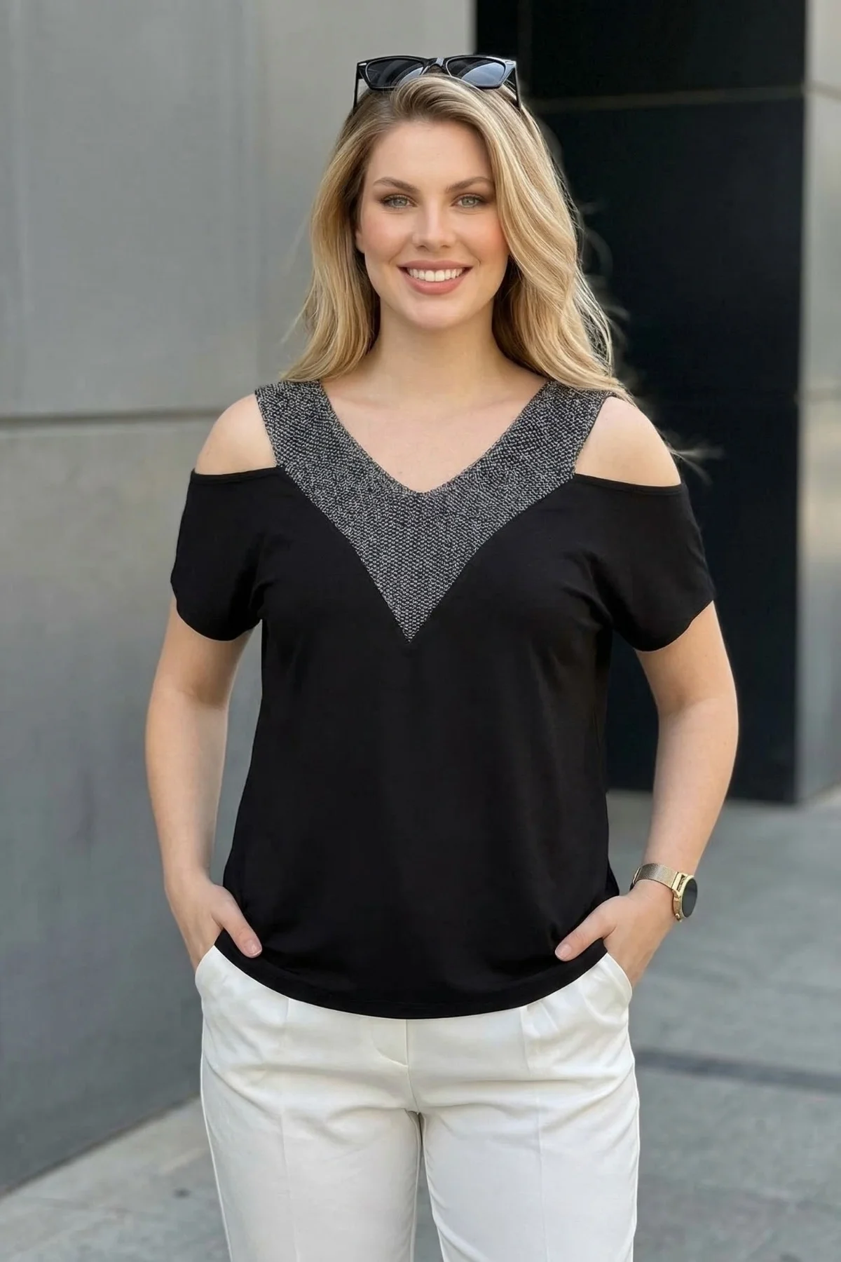 Ön ve Arkası V Simli Bluz