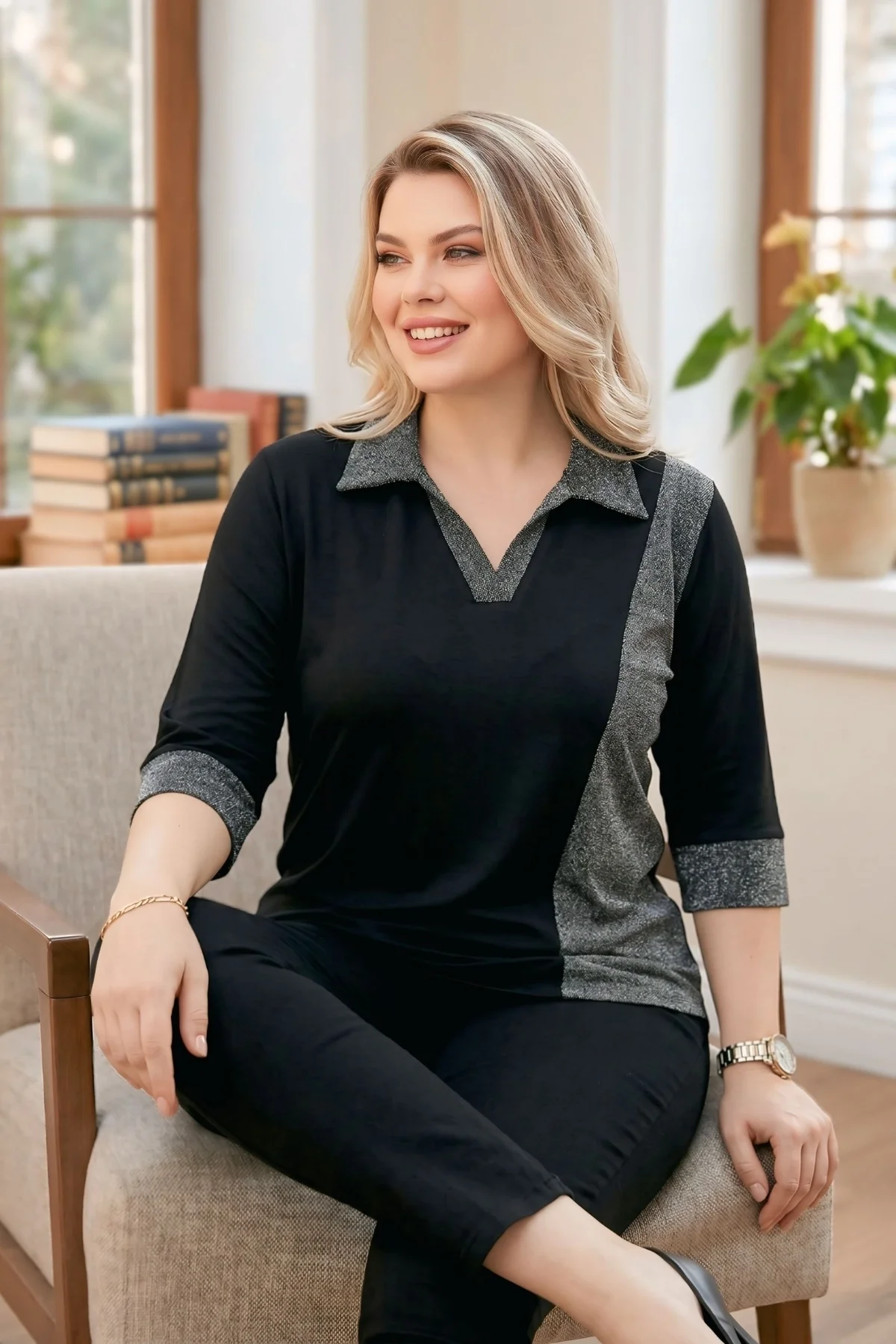 Gömlek Yaka  Blok Sim Parçalı Bluz