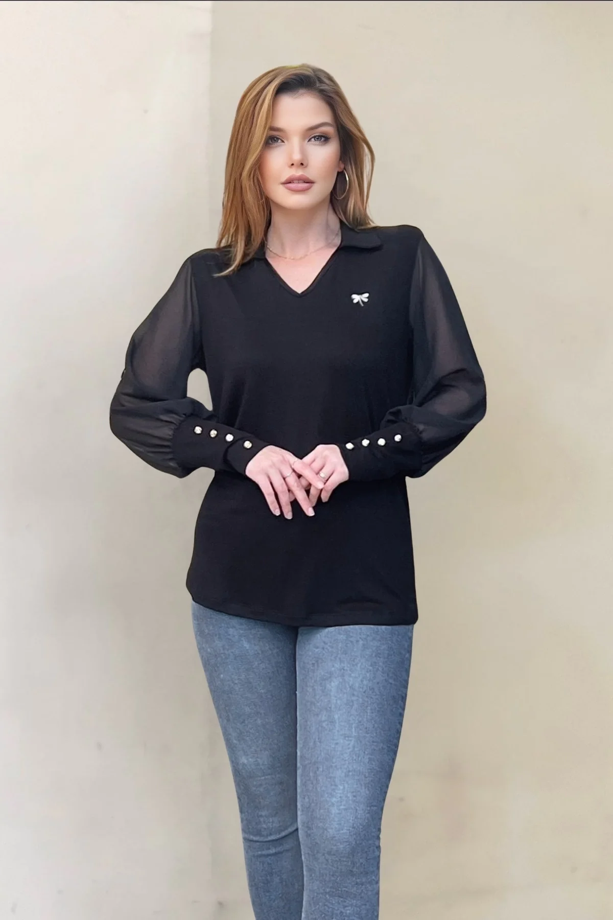 Kolları Şifon Düğme Detaylı Bluz