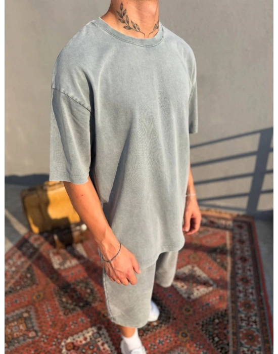 Açık Gri Asit Yıkamalı Oversize T-Shirt